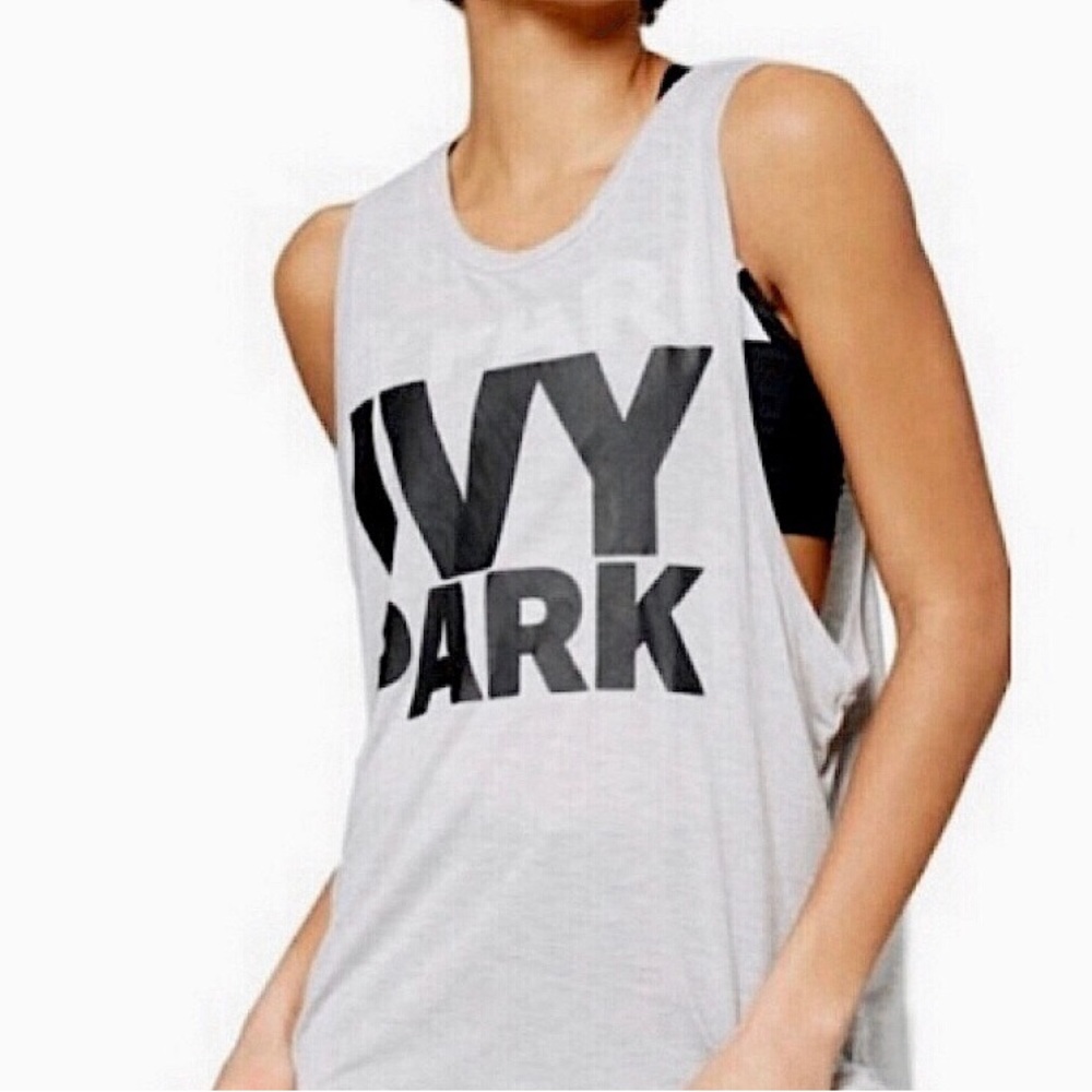 Ivy Park gray muscle tank with black logo.
